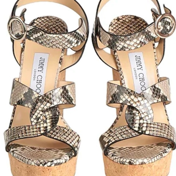 JIMMY CHOO ALEILI 100 Natural Snake Printed Leather Platform Wedge - Picture 1 of 10